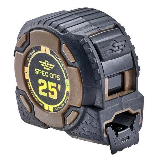 Spec Ops Tools Elite Series Tape Measure for Measuring & Layout, 1 1/4" Double-Sided Blade, Heavy Duty Military-Grade Composite Case, 25 Foot Non-Magnetic