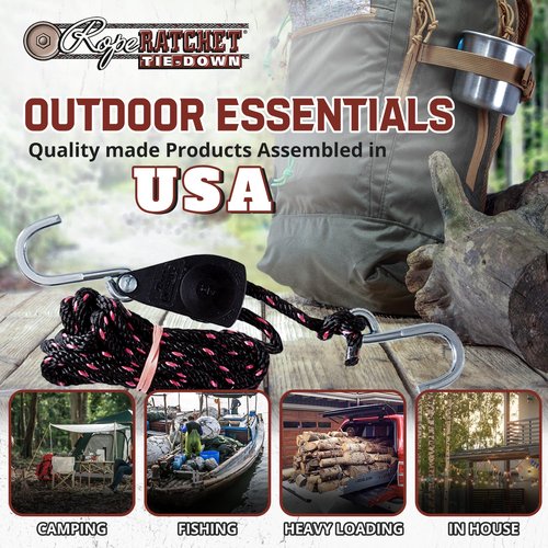 Rope Ratchet 1/4" Adjustable Pulley System, Heavy-Duty Locking Strap for Hoisting, Tarp Tie Down, Gear Securing, Tent Setup, Grow Light Hanging, 8' Braided Polypropylene Rope, 150 lb Capacity