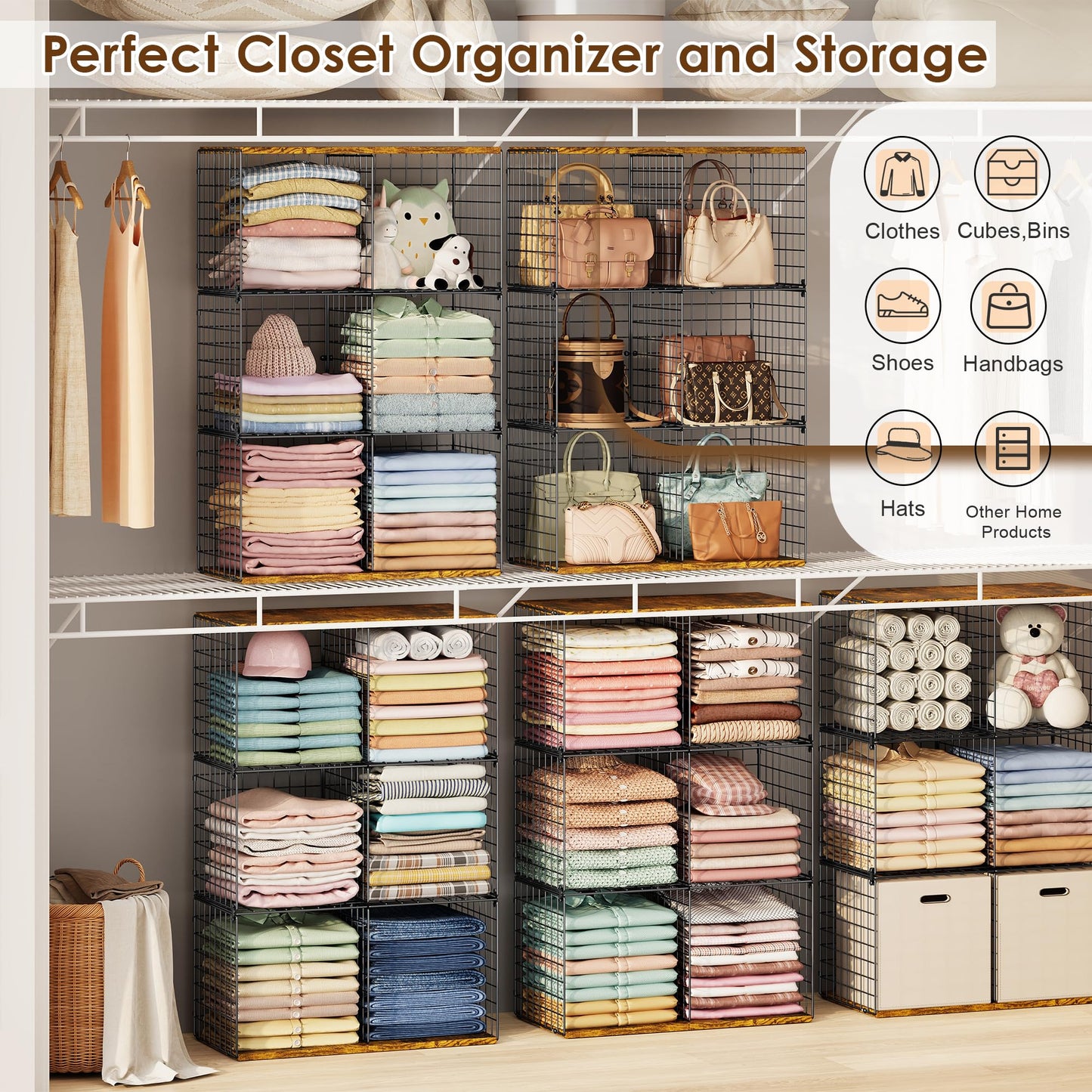 Free-standing Sturdy Tall 6-Cube Closet Organizer Storage Wire Basket Shelf with Wood Top for Wardrobe Bedroom Closet, Stackable Space-saving Clothing Shelves for Clothes, Sweaters, Pants, Handbags