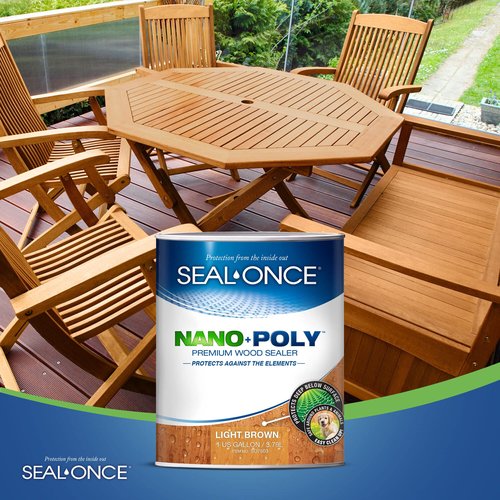 Seal-Once Nano+Poly Penetrating Wood Sealer with Polyurethane - Premium Waterproof Sealant -1 Gallon & Light Brown