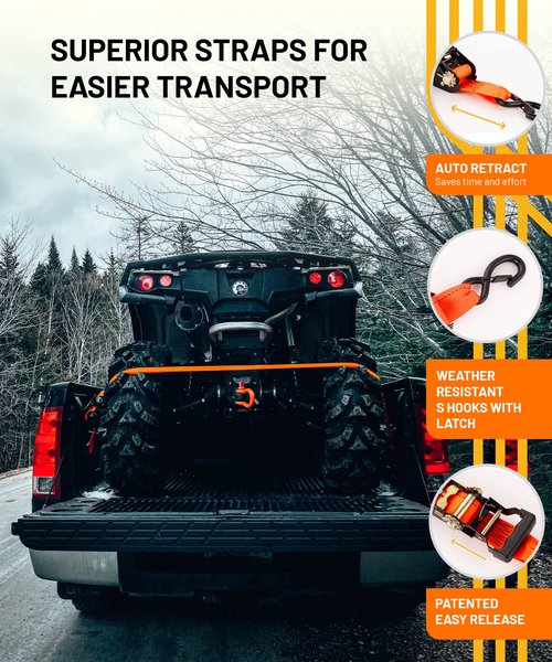 Strapinno 2PCs Retractable Ratchet Tie-Down Straps,5,000 lbs Break Strength- 2 in x 12 ft Heavy Duty Ratchet Strap with Safety Lock S Hooks for Motorcycles, ATVs, UTVs, Lawn Equipment & Cargo-Orange