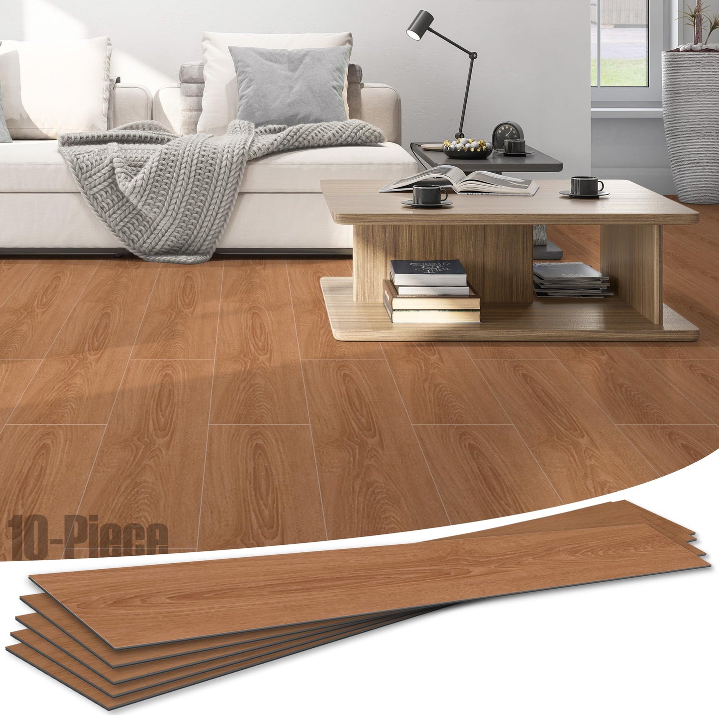 Soundbox Noise Reducing Floor Mats 10PCS, Quiet Wood Grain Vinyl Floor Tiles 48x7.3 Inch, Waterproof Anti-Slip Floor Covering,Easy Lay Installation for Bedroom, Living Room