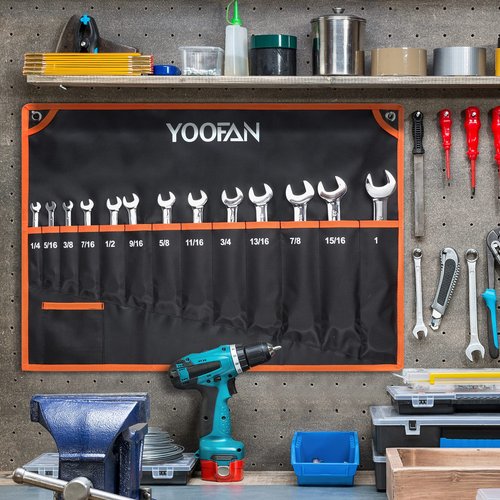 YOOFAN Wrench Roll Up Pouch – Wrench Organizer with 13+1 Pockets, Wrench Bag with handle, Wrench Holder for Hanging, Orange - SAE
