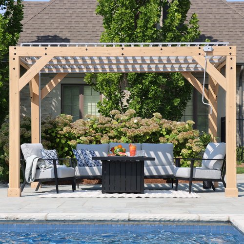 Yardistry 10 x 12 Meridian Louvered Room, Wooden Frame with Aluminum Louvered Panels with Gutter System and Hand Crank
