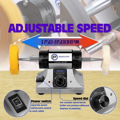 OPAVIOC Jewelry Polisher - Adjustable Variable Speed Bench Grinder Polishing & Buffing Machine, Dental Buffer & Lathe - Includes 6 Cloth Wheels, 2 Abrasive Fiber Wheels, Safety Glass, Polish Compound