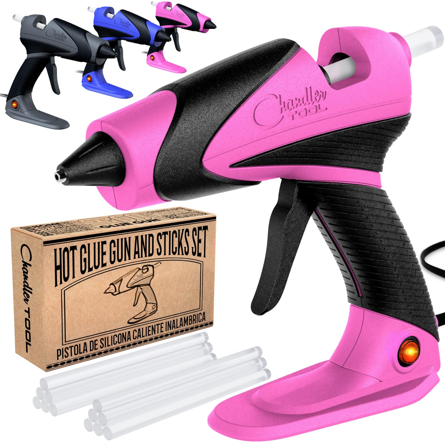 Chandler Tool Full Size Hot Glue Gun And Sticks Set for Crafts and DIY Pistola De Silicona Caliente Inalambrica Complete Heavy Duty Hot Glue Gun Kit With 10 Jumbo Glue Sticks (Pink/Black)