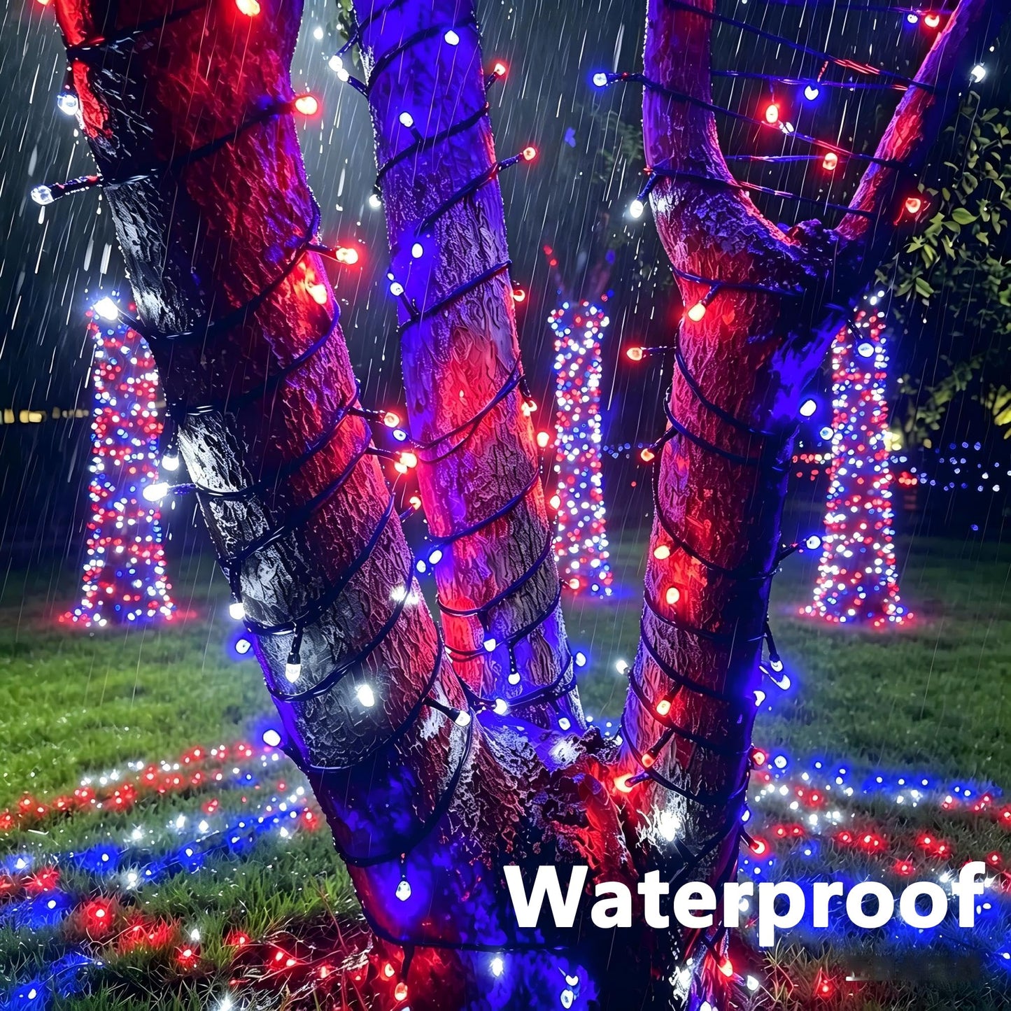 Joomer Red Blue White String Lights Outdoor, 100FT 300LED RGB Lights with Remote Timer Memory, Waterproof Indoor Outdoor 4th of July Independence Day Memorial Day Patriotic Yard Garden Decor