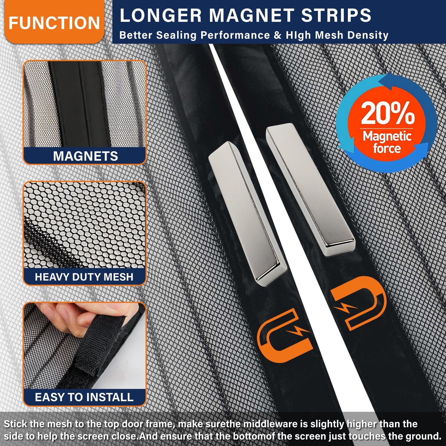Magnetic Screen Door, Door Screen Magnetic Closure-Keeps Bugs Out Let Breeze in, Heavy Duty Mesh - Pet and Kid Friendly, Works with Front Doors, Sliding Doors (Fit Door Size 30 x 80 Inch) Gray