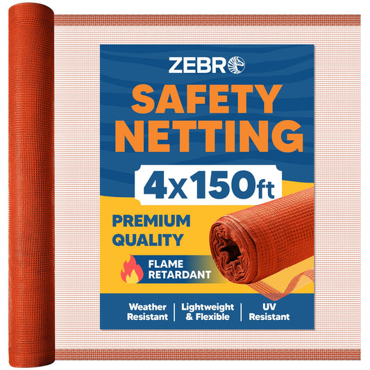Fire Retardant Debris Safety Netting (4' x 150' - Orange) - High Visibility Construction & Scaffolding & Railing & Elevator Netting for Enhanced Safety - Construction Fencing