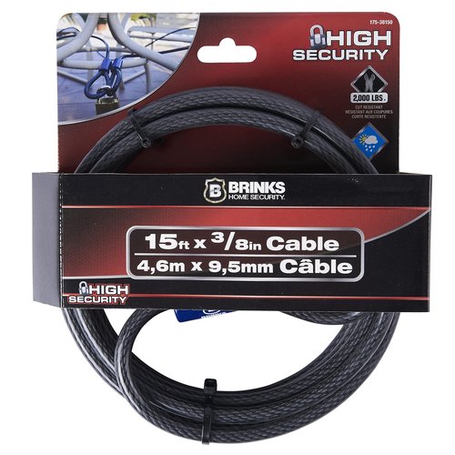 BRINKS - 15 ft x 3/8" Flexible Steel Loop Cable - Heavy Duty Vinyl Wrap for Corrosion Protection