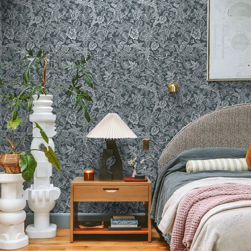Fititem Peel and Stick Wallpaper Modern Boho Contact Paper Cabinet Dark Gray-Blue White Removable Self Adhesive Contact Paper Floral Tropical Leaf Waterproof Wallpaper Bathroom Bedroom 17.3inW 197inL