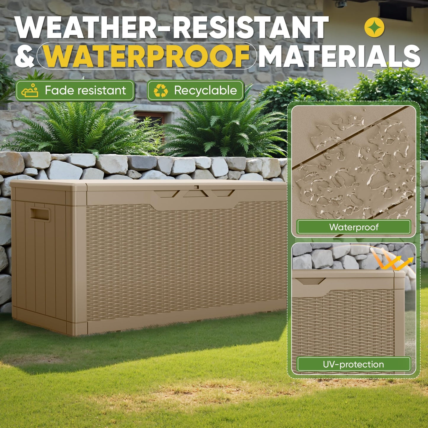 Greesum Outdoor Storage Box 100 Gallon Storage Bin with Lid for Patio Furniture, Garden Tools, Pool Supplies, Lockable, Waterproof and UV Resistant, Light Coffee