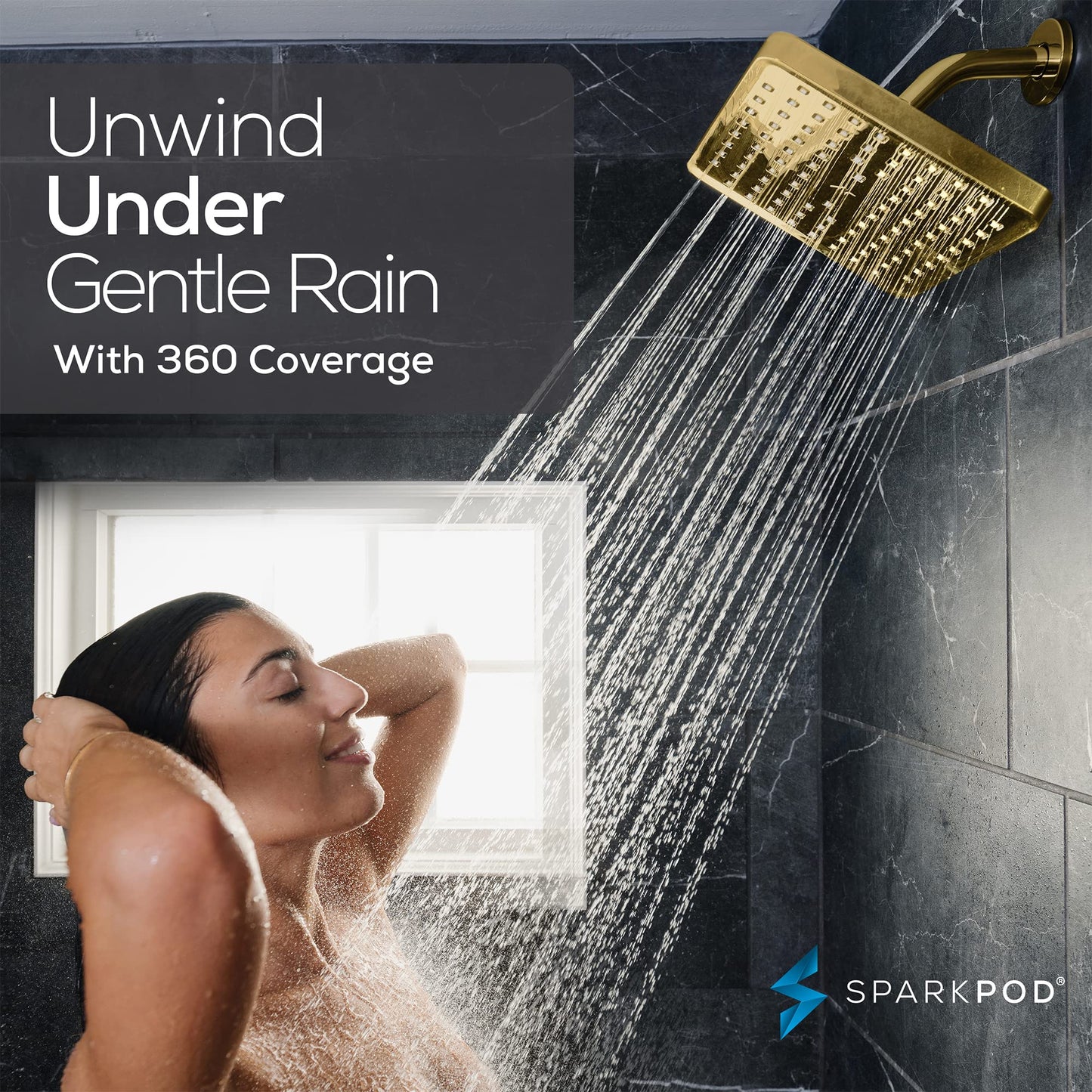 SparkPod Shower Head - High Pressure Rain - Premium Quality Luxury Design - Easy Clean Adjustable Replacement for Your Bathroom Shower Heads (Egyptian Gold, 8 Inch Square)