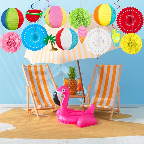 14Pcs Beach Party Decorations Paper Lanterns Fans Pom Poms Hanging Swirls - Luau Pool Summer Hawaiian Tropical Themed Decor for Home Birthday Outdoor Indoor