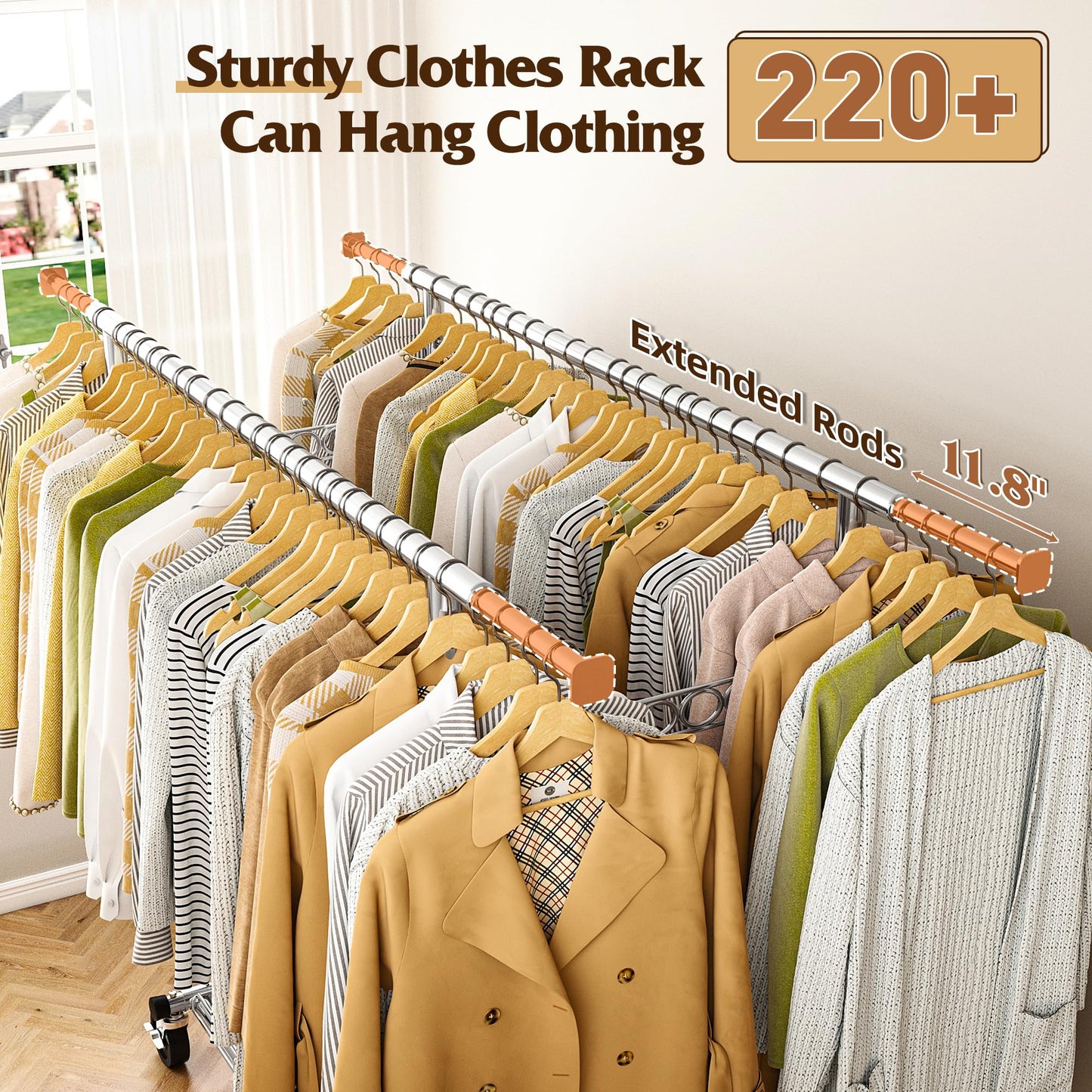 Raybee Clothes Rack Load 630LBS, Heavy Duty Clothes Rack, Rolling Clothing Racks for Hanging Clothes with Wheels, Adjustable & Commercial Garment Rack, 22" D x 75" W x 68" H