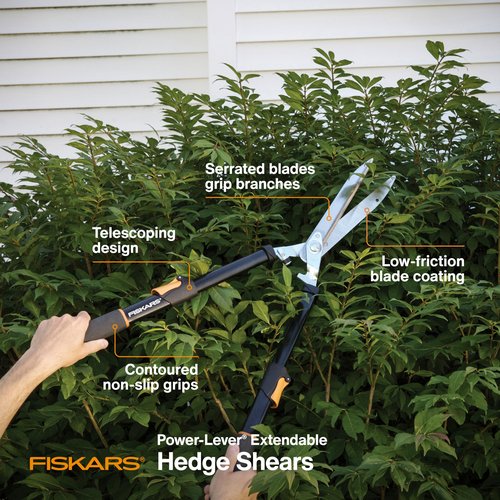 Fiskars Power-Lever Hedge Shears - 25"-33" Extendable Handle - Plant Cutting Scissors - Yard and Garden Tools - Orange/Black