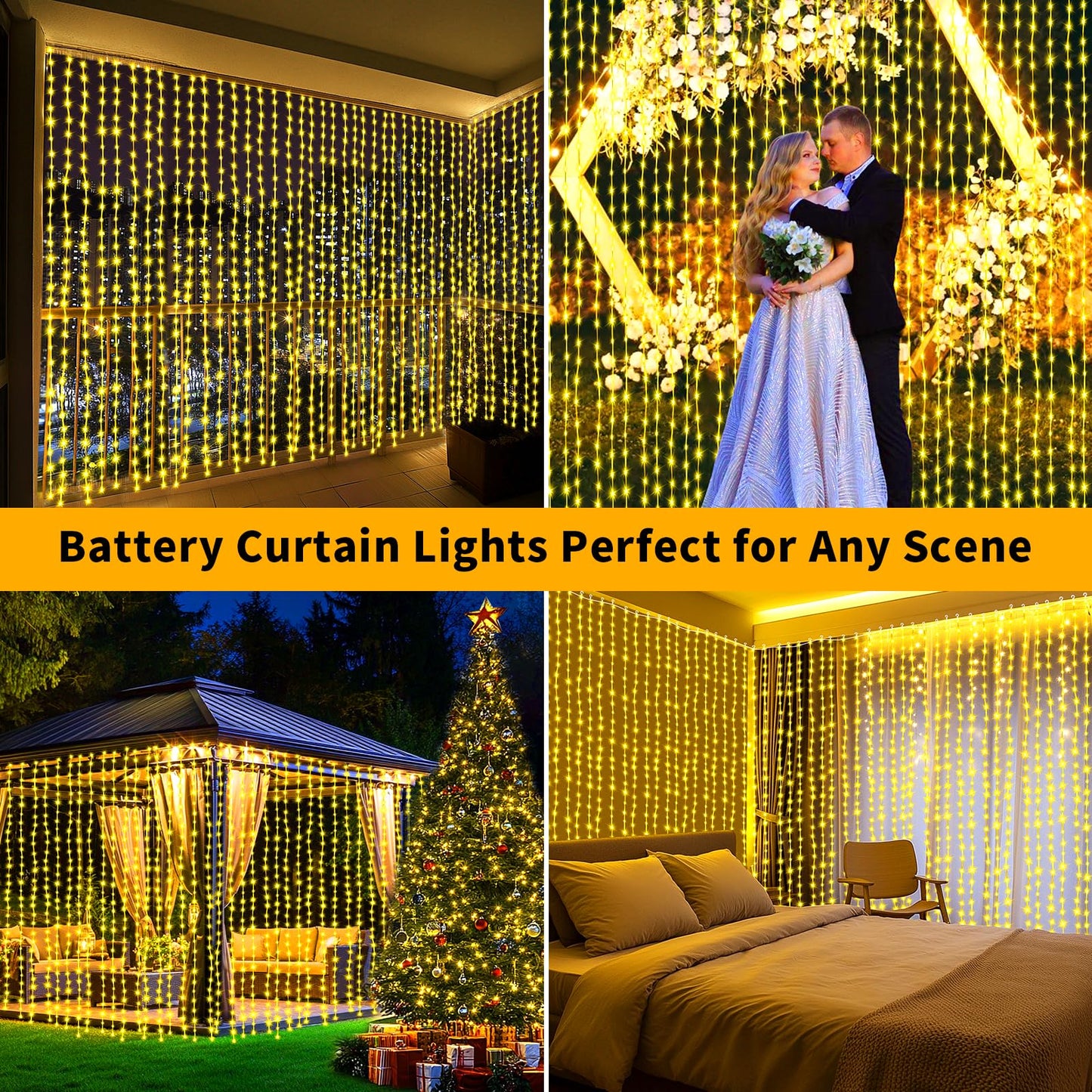 Curtain Lights Battery Operated 10 * 10Ft 300LED Waterfall Light with 8 Modes Remote Dimmable Timer Memory Waterproof Twinkle Fairy String Lights for Indoor Outdoor Backdrop Bedroom Pergola Christmas