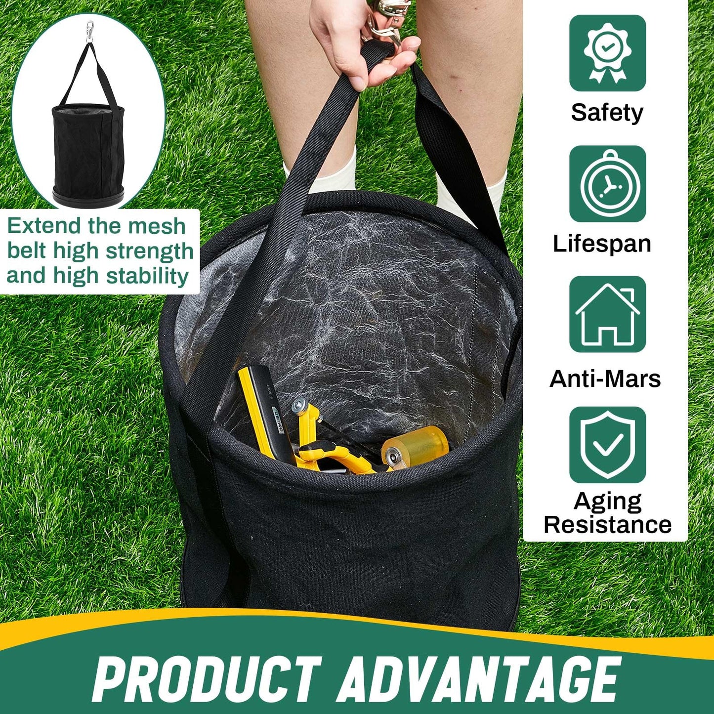 SilTriangle 4 Pack Canvas Bucket 15" x 12" Heavy Duty Lineman Tool Bag with Plastic Bottom & Metal Hook Electrician Tool Organizer for Jobsite Use, Load Rated up to 150 Pounds (Black)
