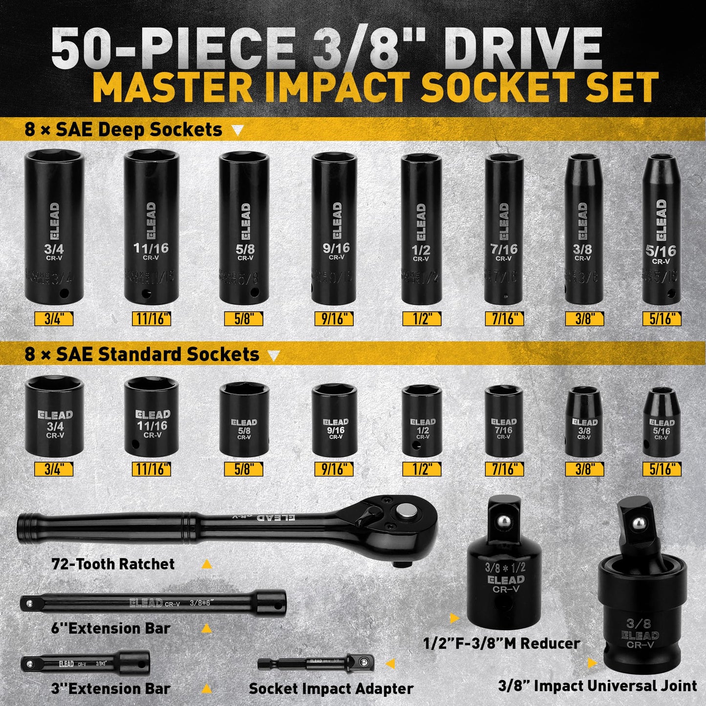 3/8'' Drive Impact Socket Set - 50-Piece Shallow & Deep Socket Set Metric and Standard Full with Universal Joint, Extension Bar, 1/2 to 3/8 Reducer, Hex Shank Socket Adapter, Ratchet Handle