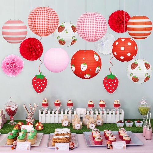 15Pcs Strawberry Paper Lanterns Decor Hanging Decorations for Berry first Birthday Party Supplies