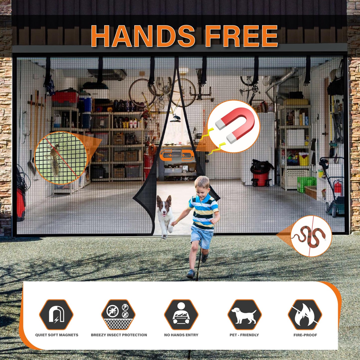 Garage Door Screen for 1 Car 8x7Ft - Magnetic Closure, Reinforced Fiberglass Mesh, Heavy Duty Weighted Bottom, Hands-Free Operation, Easy Assembly & Pass-Through