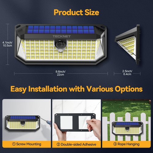 TECKNET 4200Lm 416 LED Solar Lights Outdoor Waterproof, 300° Angle & 3 Lighting Modes Motion Sensor Outdoor Lights, 2 Pack Security Solar Light IP66 for Fence Front Door Yard Deck Garden Garage