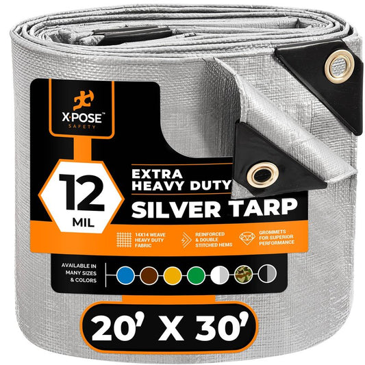 Heavy Duty Silver Poly Tarp 20' X 30' - Multipurpose Protective Cover - Durable, Waterproof, Weather Proof, Rip and Tear Resistant - Extra Thick 12 Mil Polyethylene - by Xpose Safety