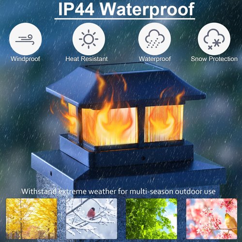 Dynaming Solar Flame Post Cap Lights Outdoor, Solar Powered Fence Post Light, Flickering Flame LED Lantern Lamps Waterproof for Garden Deck Patio, Fit 4x4, 5x5 or 6x6 Vinyl/Wooden Posts, 6 Pack