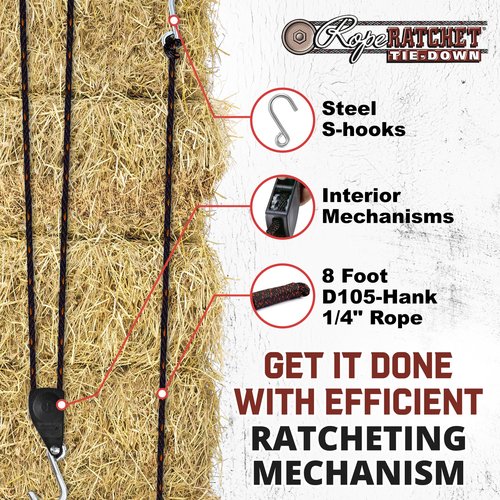 Rope Ratchet 1/4" Adjustable Pulley System, Heavy-Duty Locking Strap for Hoisting, Tarp Tie Down, Gear Securing, Tent Setup, Grow Light Hanging, 8' Braided Polypropylene Rope, 150 lb Capacity