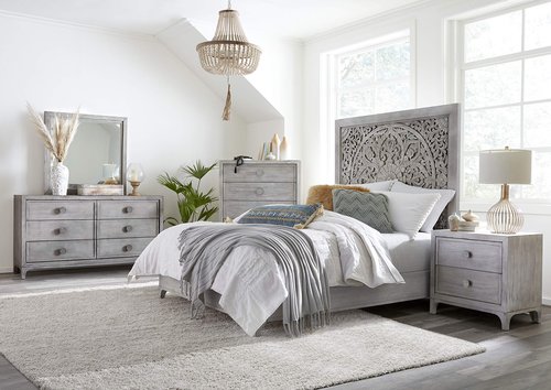 Modus Furniture Solid Wood Mirror, Boho Chic - Washed White, 40" H x 39" W x 2" D