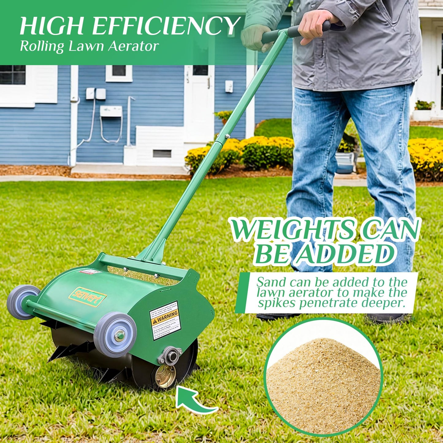 SENVERT Rolling Lawn Aerator, Heavy Duty Push Spike Aeration Tool Up to 55 lbs, Manual Rotary Grass Aerator for Garden and Yard Use