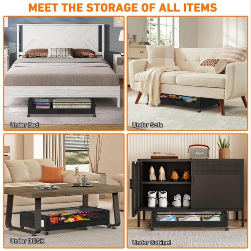 Under Bed Storage with Wheels, 1 Pack Under Bed Storage Containers with Clear Lids,Under the bed storage Organizer Bins, Rolling Under Bed Metal Drawer for Clothes,Shoes,Toys (Dark Black)