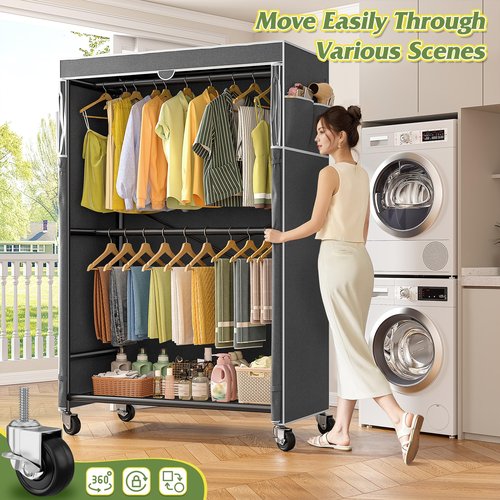 Raybee 80.32" H Clothes Rack with Cover,Rolling Clothing Racks for Hanging Clothes with Wheels,Heavy Duty Portable Closet 35.4" Wx15.75 Dx80.32 H,Black
