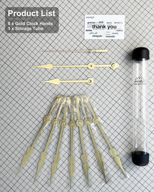 MCDFL Clock Hand Kit (Gold, 8 Set, Rustic) for Clocks Dial Diameter of 300mm/11.81in or More, Thick Mounting Hole, Mid Century Farmhouse Hardware Hands Grandfather Wall Mechanical Push in Mechanism