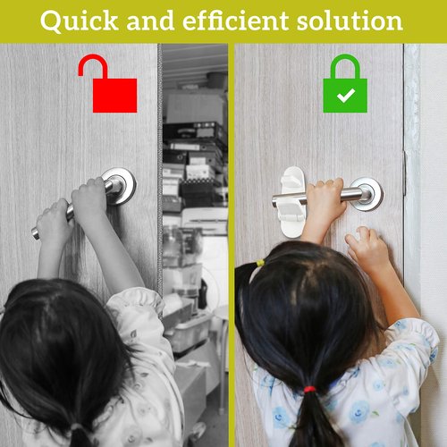 Door Lever Lock (1 Pack) Prevents Toddlers from Opening Doors. 3.25" L * 1.5" W * 4.5" H Easy One Hand Operation for Adults. Durable ABS with 3M Adhesive Backing. Simple Install, No Tools Needed.