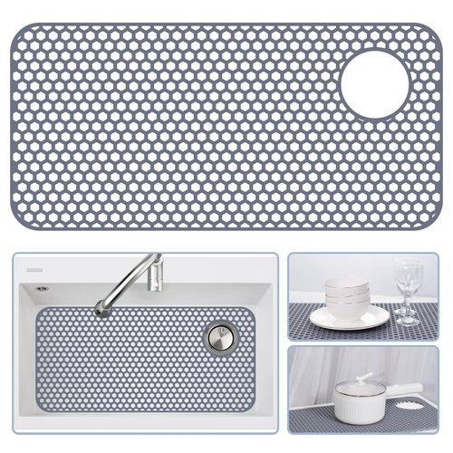 Bestjing Silicone Sink Protectors for Kitchen Sink - 28.4"x 14.3" Kitchen Protector Accessory, Non-Slip Heat Resistant Mat for Bottom of Farmhouse Porcelain Stainless Steel (Top Right Drain Hole)