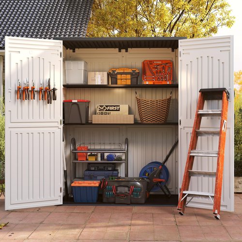 EHHLY Vertical Resin Storage Shed, 60 Cuft Garden Tool Sheds & Outdoor Storage, Plastic Outdoor Storage Cabinet Waterproof, 4.5 x 2.3 ft Backyard Outside Lawn Mower Storage Shed, White