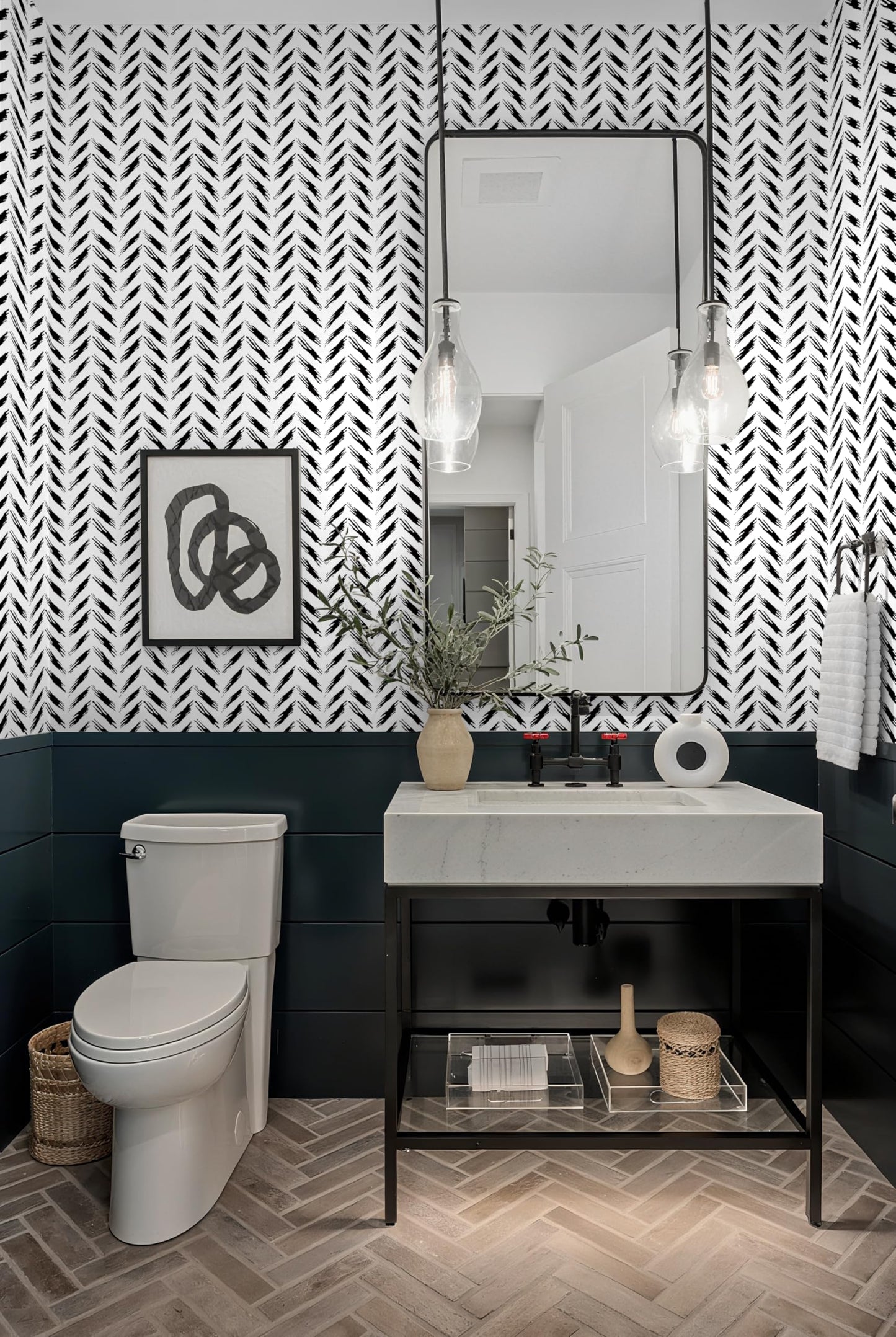 Micpolo Black and White Peel and Stick Wallpaper Modern Self-Adhesive Contact Paper Thicken Waterproof Easy to Clean Decorative Removable Wall Paper Herringbone for Bedroom Bathroom 17.3in x 78.7in