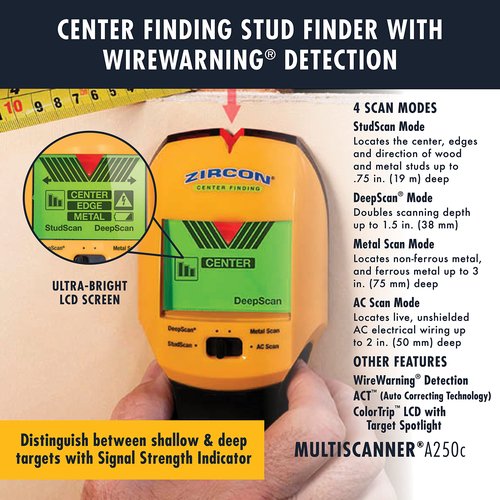 Zircon MultiScanner A250c All-In-One Stud Finder/Metal Detector/Live AC Wire Detection and Scanner