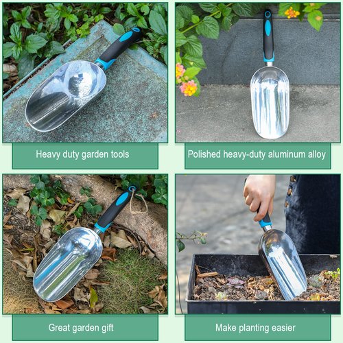 2 Pcs Soil Scoop 13.39 x 3.82 Inch Aluminum Transplanter Trowel Bend Proof Garden Tools Large Heavy Duty Hand Shovel with Comfort Soft Non Slip Grip Handle Garden Gifts for Digging Fertilizer (Blue)