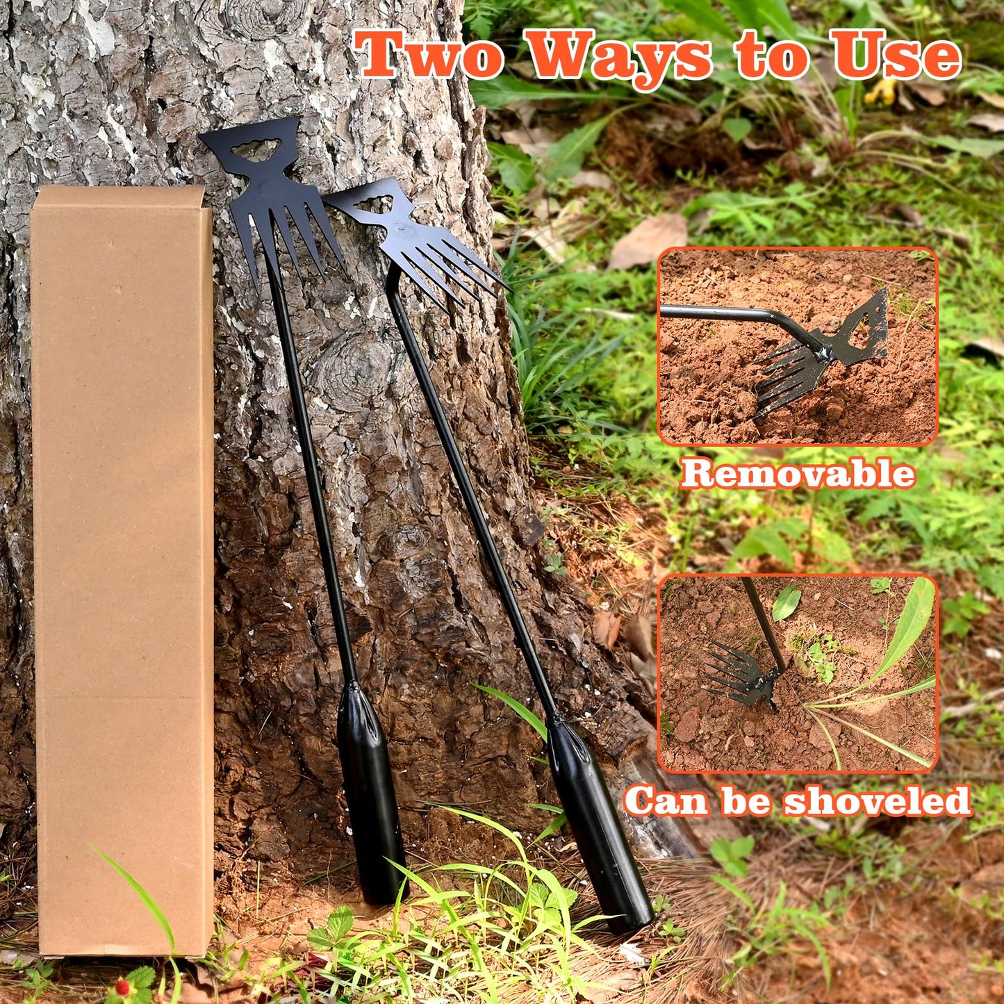 BokingOne Weed Puller Tool Garden Weed Pulling Tool, 4-Tine Manganese Steel Weeder Tool - Black Coated Forged Portable Garden Hand Weeder for Farm, Orchard & Garden (2Pack)