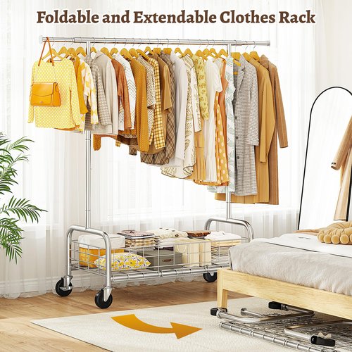 Raybee Clothes Rack with Storage Basket for Hanging 200+ Clothes, Rolling Heavy Duty Clothing Rack with Sturdy Wheels, Portable & Adjustable & Commercial Garment Racks, Chrome