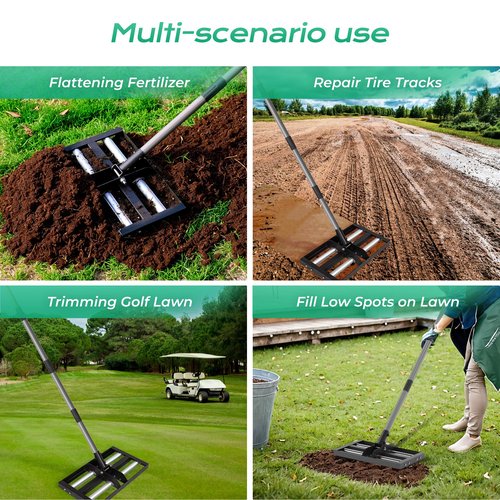 Suchtale Lawn Leveling Rake with Aluminum Rollers, 17"x10" Levelawn Tool, Heavy-Duty Stainless Steel Lawn Leveler with 61" Adjustable Long Handle, Lawn Leveler for Smooth Soil,Garden,Golf Course,Farm