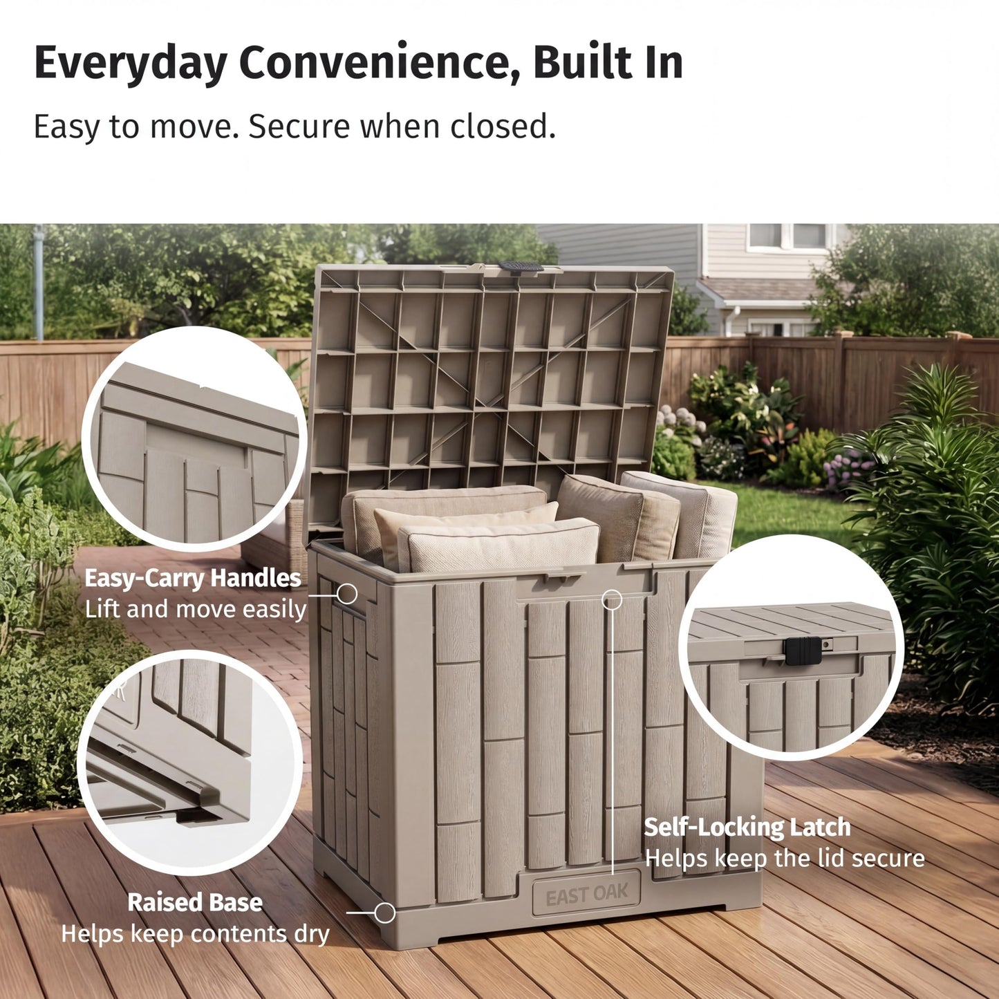 EAST OAK Outdoor Storage Box, 31 Gallon Deck Box, Waterproof Resin Storage Bin for Patio Cushions, Gardening Tools, Accessories, Lockable, UV Resistant, Brown