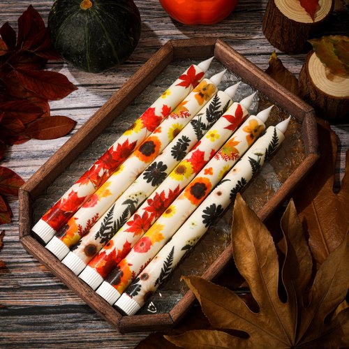 6PCS Flameless LED Taper Candles - Fall Maple Leaf Decor, Fall Decorative Candles with Wax Coating and Autumn Floral Prints Perfect for Table, Party, Banquet, Batteries Required (Not Included)