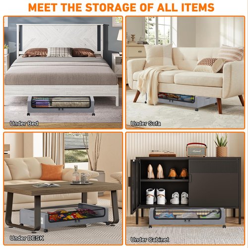 Under Bed Storage with Wheels, 1-Pack Under Bed Storage Containers with Clear Lids,Under the bed storage Organizer Bins,UnderBed Storag Rolling Under Bed Metal Drawer for Clothes,Shoes,Toys (Gray)