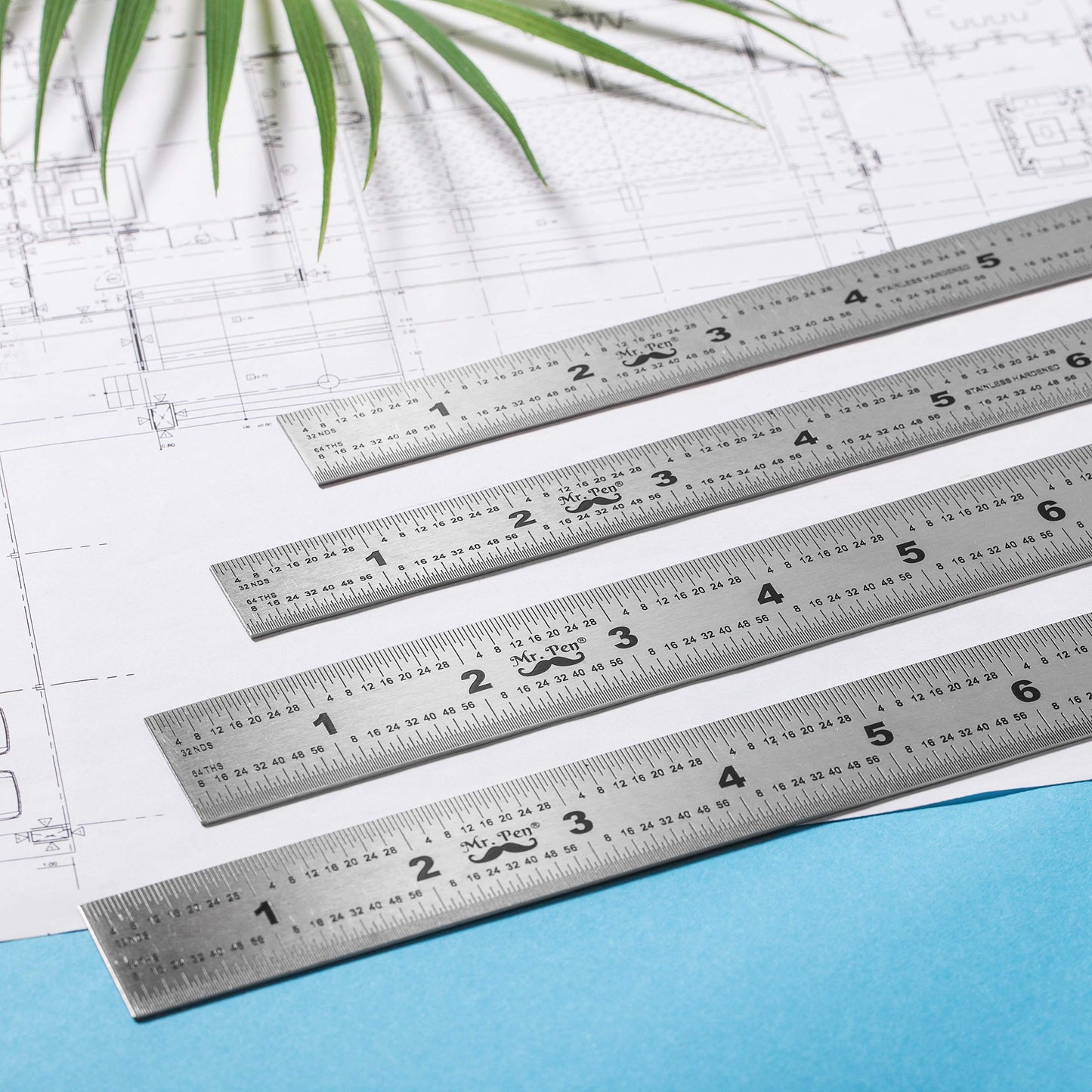 Mr. Pen- Machinist Ruler, 4 Pack (6, 8, 12, 14 inch), Metric & Millimeter Ruler, 1/64, 1/32, mm and .5 mm, Stainless Steel