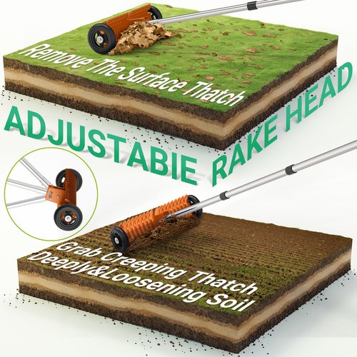 JouZYA Lawn Thatch Rake, 15-Inch Steel Dethatching Tool, Adjustable 0-15° Angle and 38-68 Inch Length, Heavy-Duty Yard Rake for Dead Grass Removal and Lawn Care (Tangerine)