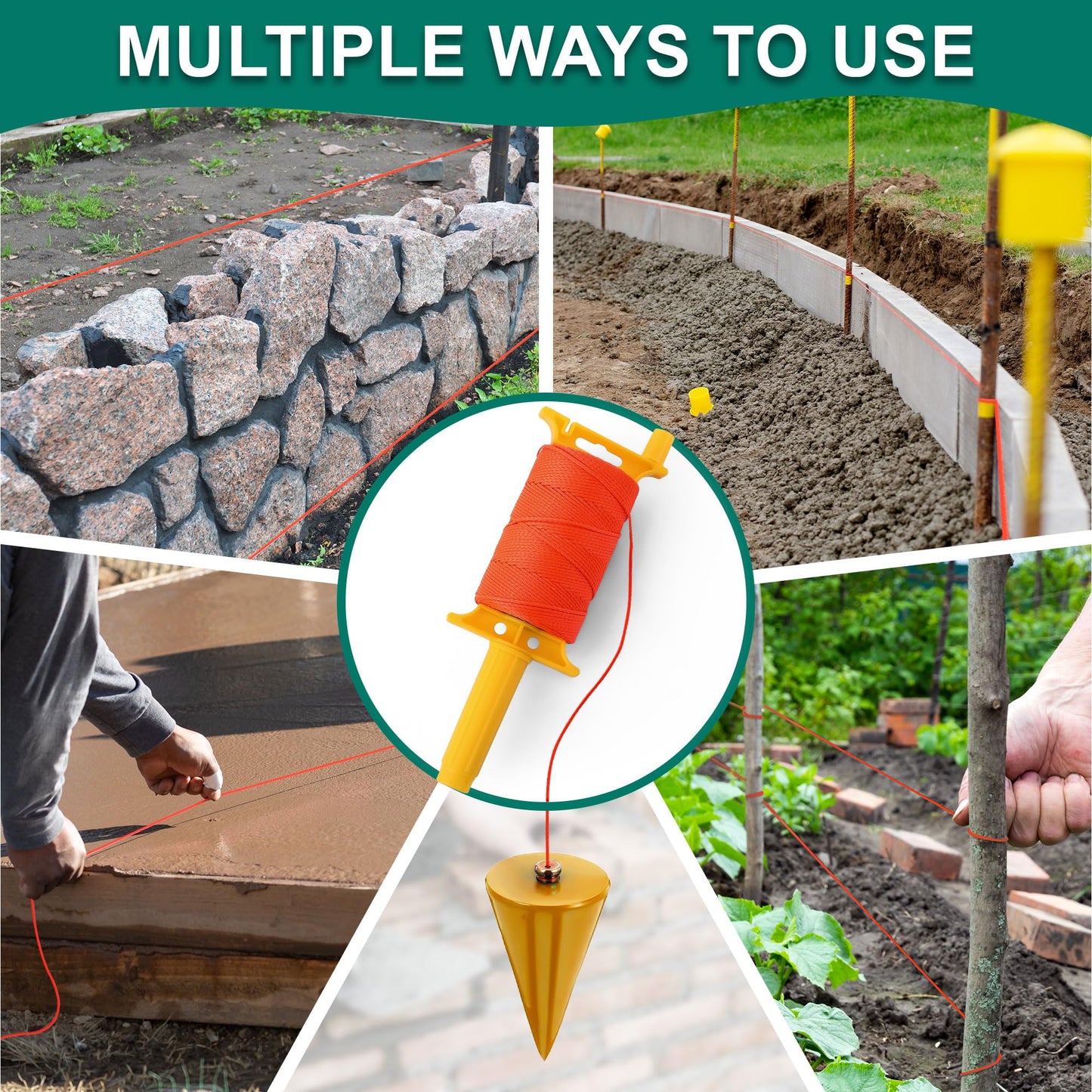 2 Pack Mason Line with Handle, Twisted 540 FT #18 Reloadable Reel with 10 Levels, Braided Nylon Construction String Line for Gardening, Masonry Tools, Surveying, Kite Twine String or DIY(Orange)