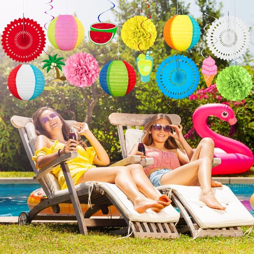 14Pcs Beach Party Decorations Paper Lanterns Fans Pom Poms Hanging Swirls - Luau Pool Summer Hawaiian Tropical Themed Decor for Home Birthday Outdoor Indoor